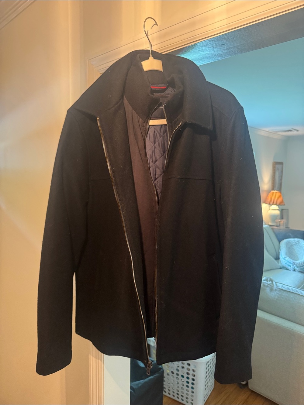 Tommy Hilfiger Black Men's Wool-Blend Pea Coat with Quilted Lining